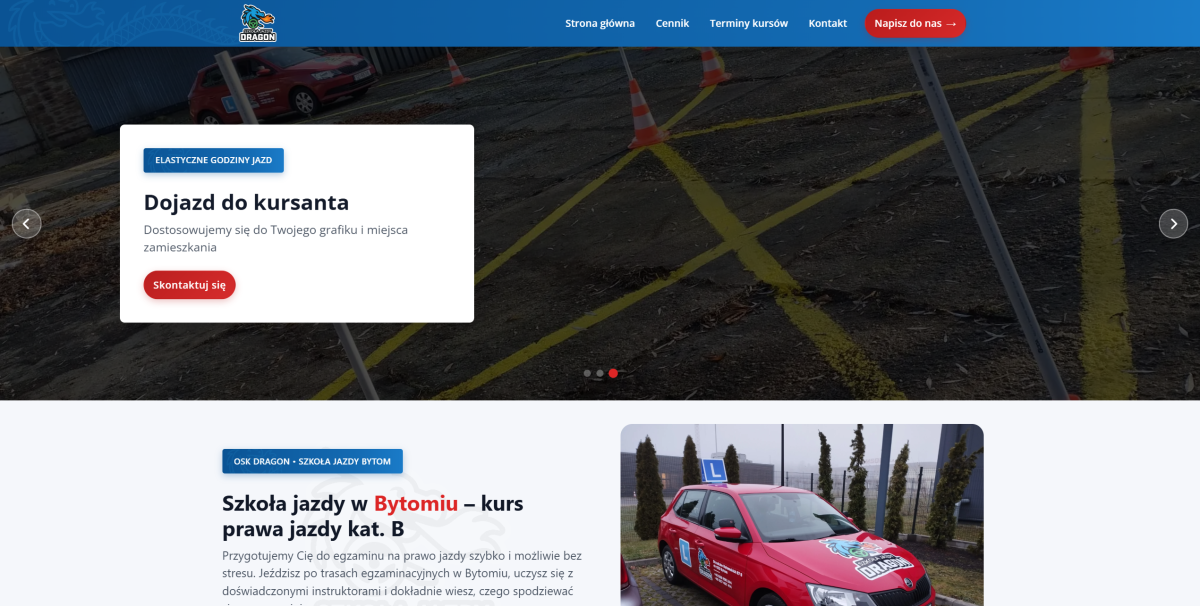 Strona internetowa Ośrodka Szkolenia Kierowców Dragon 